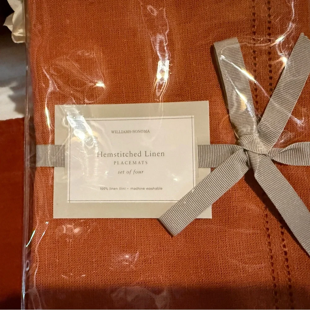 New Williams Sonoma Double Hemstitched 100% Linen Placemats, S/4, Rust Orange